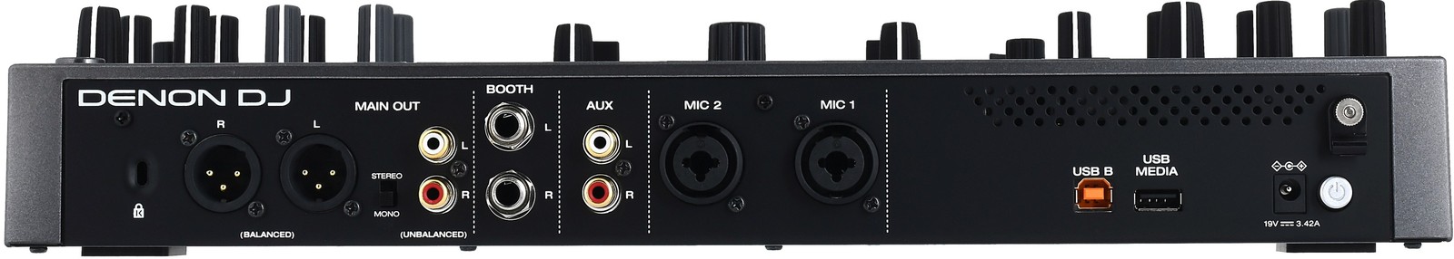 Anschlüsse auf der Rückseite des Denon DJ Prime GO+