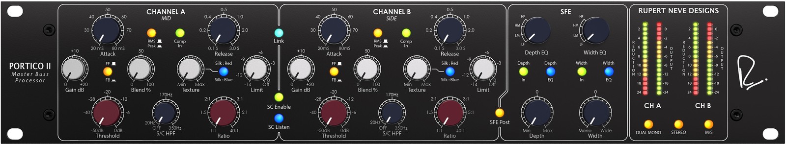 Frontalansicht des Stereo-Modus des Rupert Neve Designs Portico II MBP Plug-in 