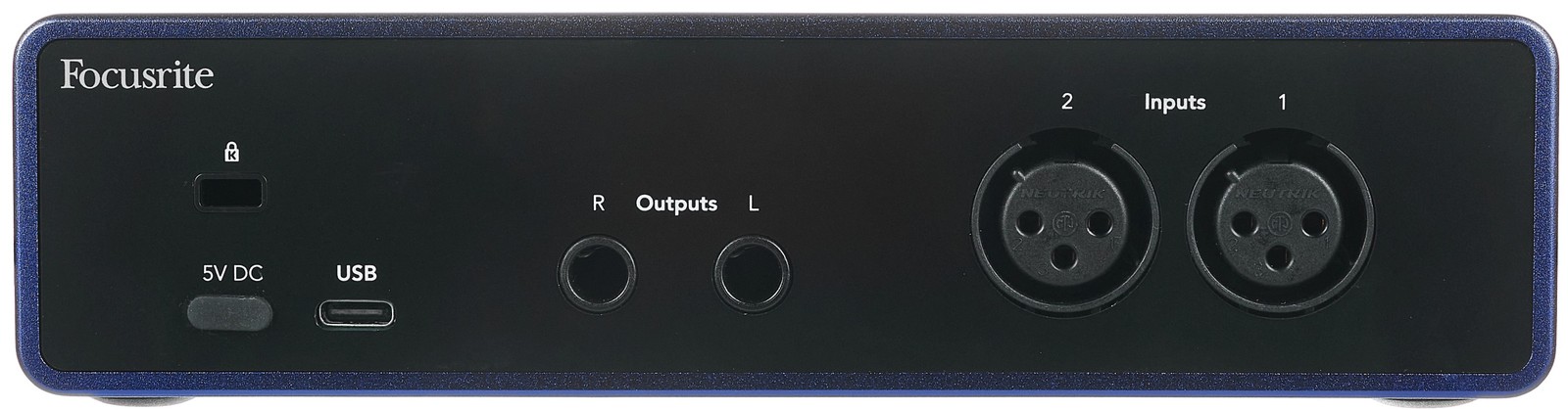 Sockets on the ISA blue Focusrite Scarlett 2i2 Anniversary Edition, audio interface