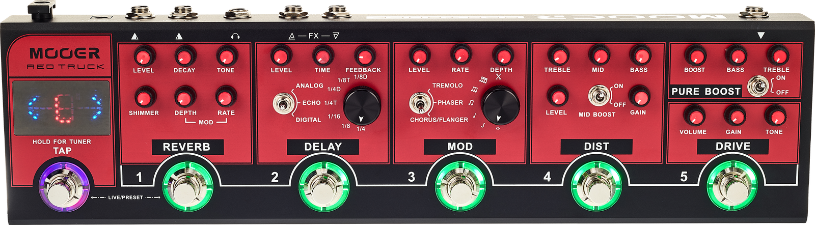 Front view of Mooer Red Truck effects pedal