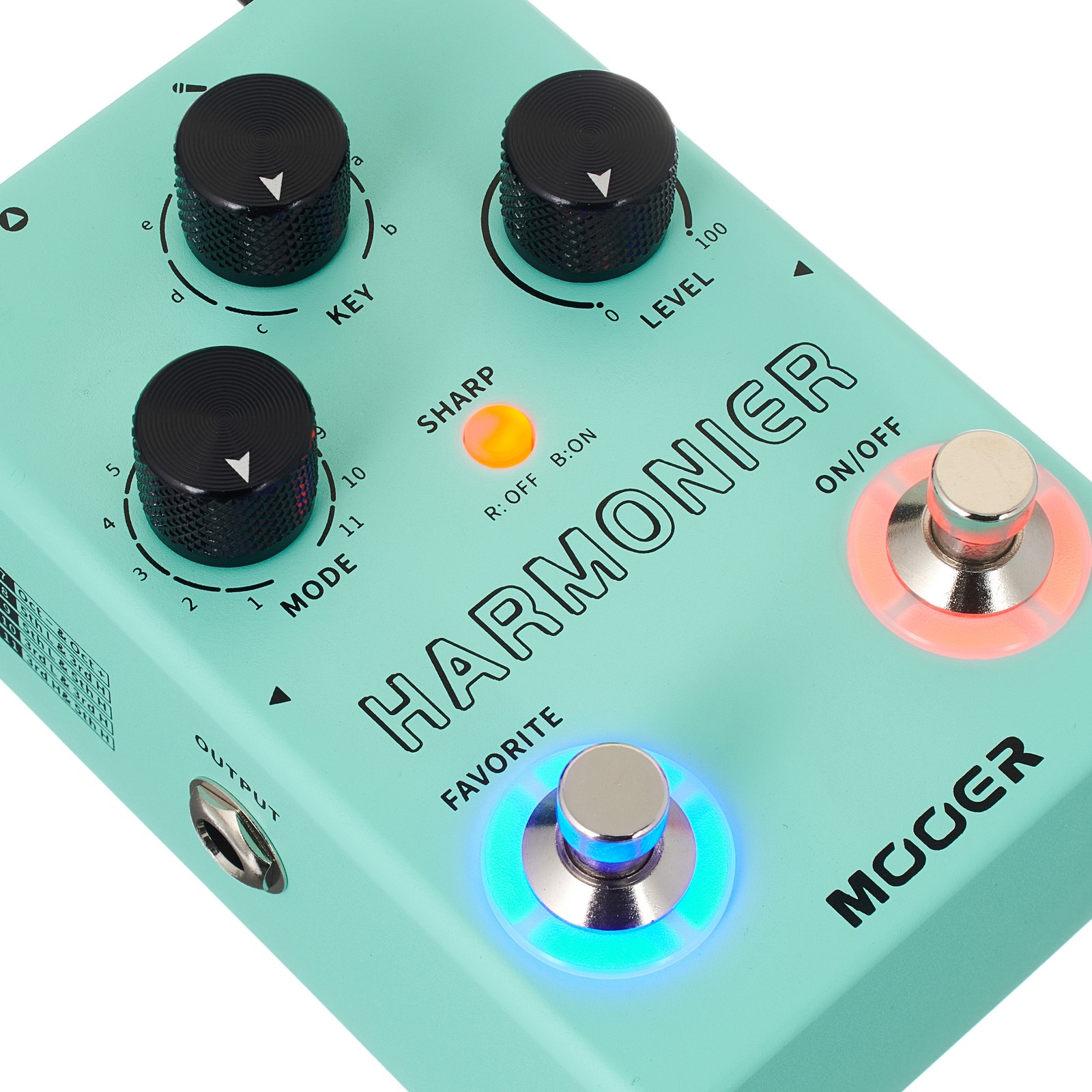 Three knobs, one button, and two footswitches on the Mooer MVP2 harmonier pedal