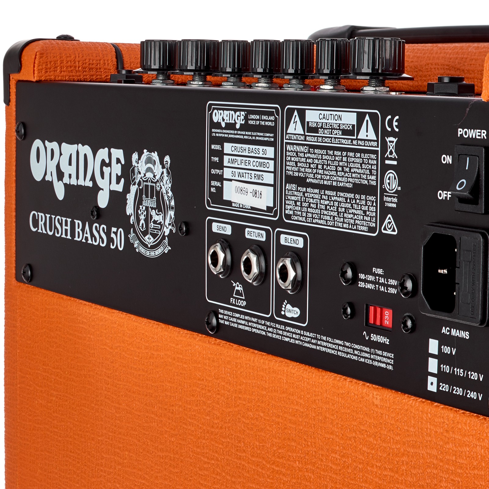 Back of the Orange Crush Bass 50 Amp with connections