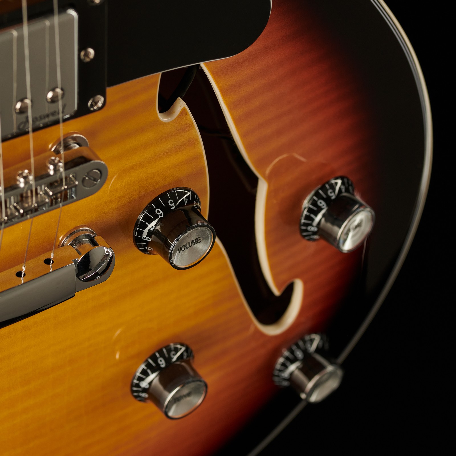 Controls on the Harley Benton HB-35Plus Vintage Burst Electric Guitar