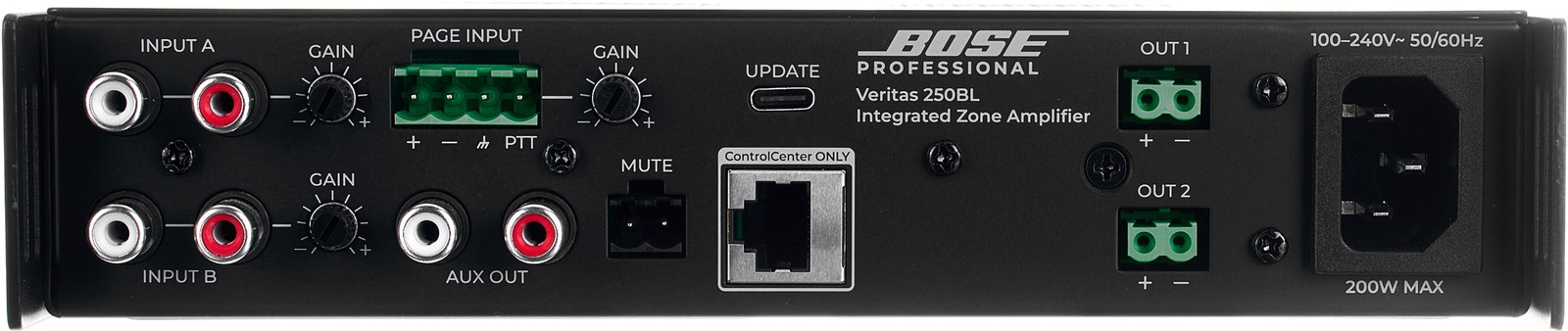 Vue arrière de l'amplificateur de puissance Bose Professional Veritas 250BL avec ses connexions