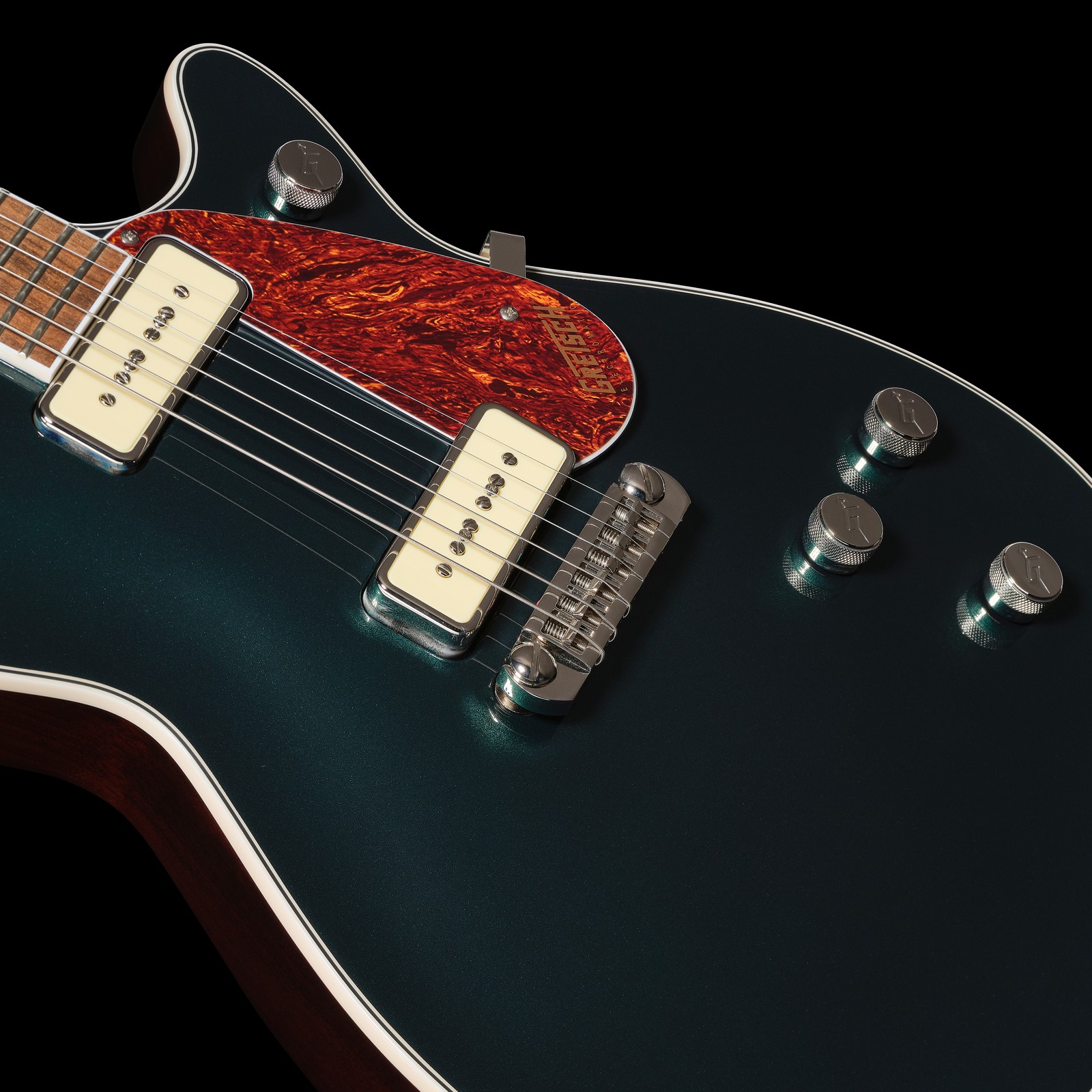 Zwei P90 Tonabnehmer auf der Gretsch G5210-P90 Electromatic Jet Cadillac Green