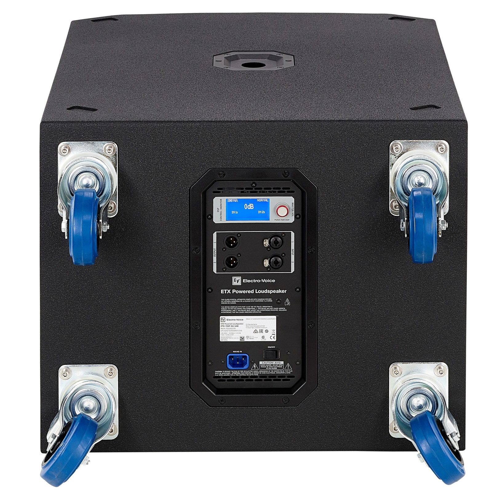 EV ETX-15SP Aktiver 15" Subwoofer - Rückseite mit Rollen