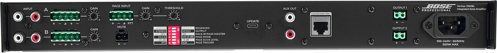 Vue arrière de l'amplificateur de puissance Bose Professional Veritas 2160BL avec ses connexions
