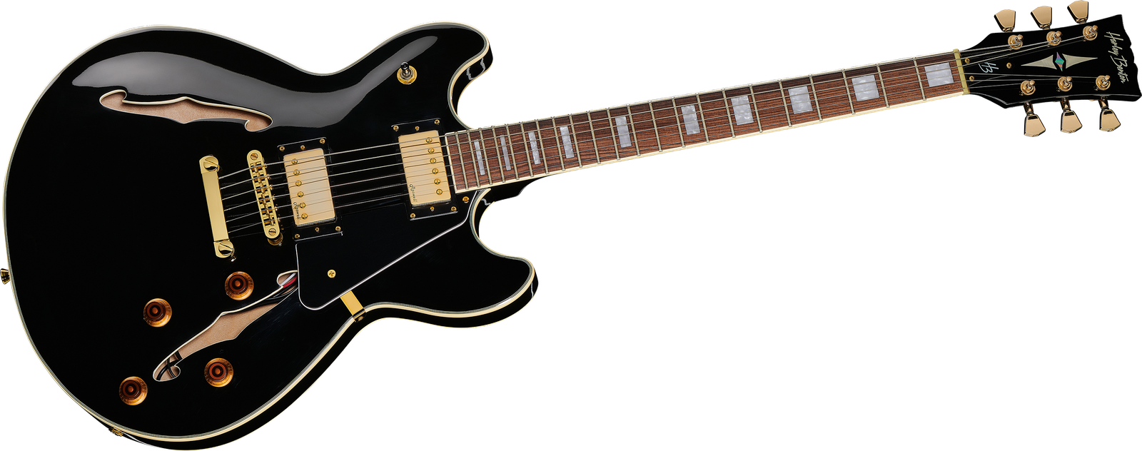 front of the semi-acoustic electric guitar Harley Benton HB-35Plus Black