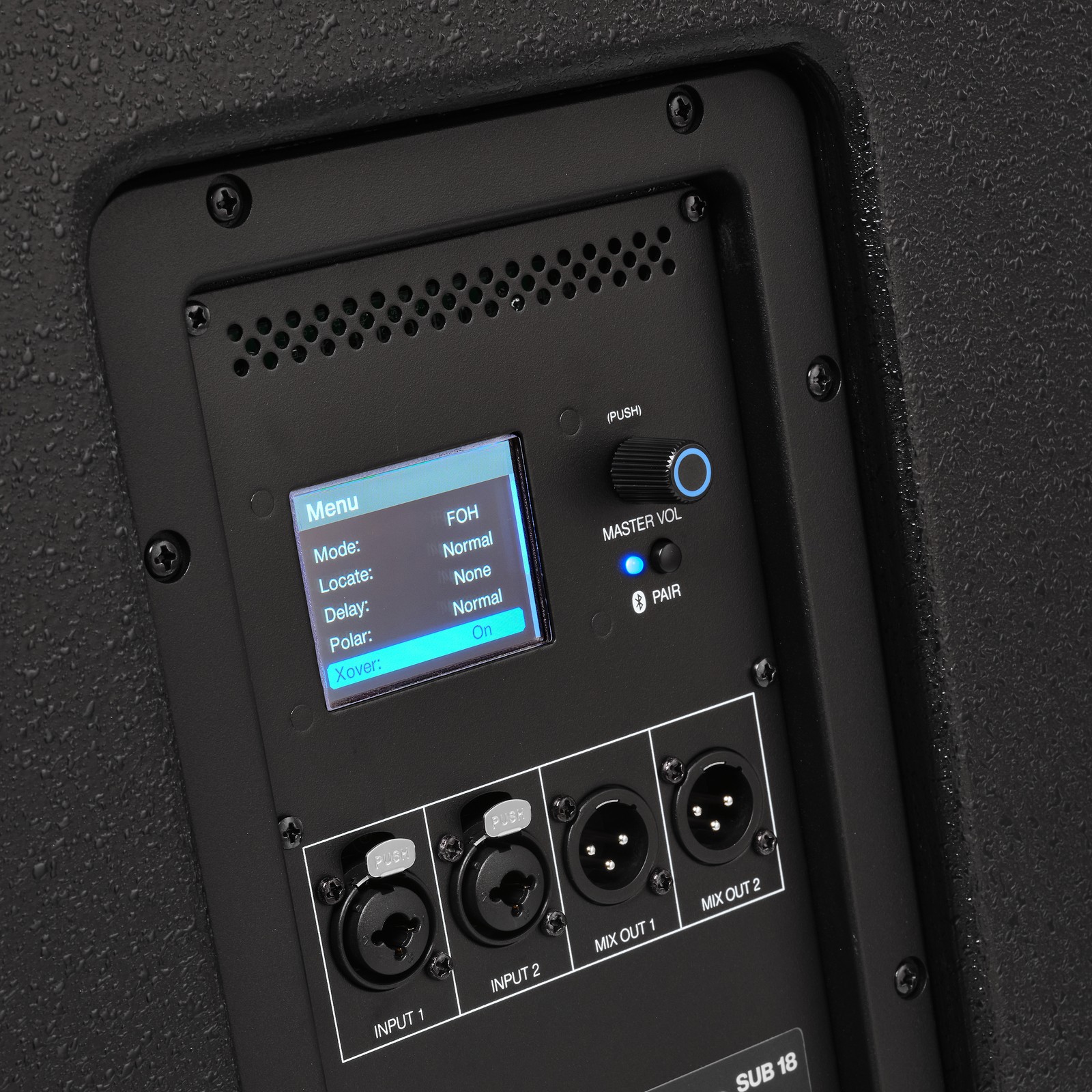 Rückseite des Presonus Air XD Sub 18 mit Anschlüssen und Bedienelementen