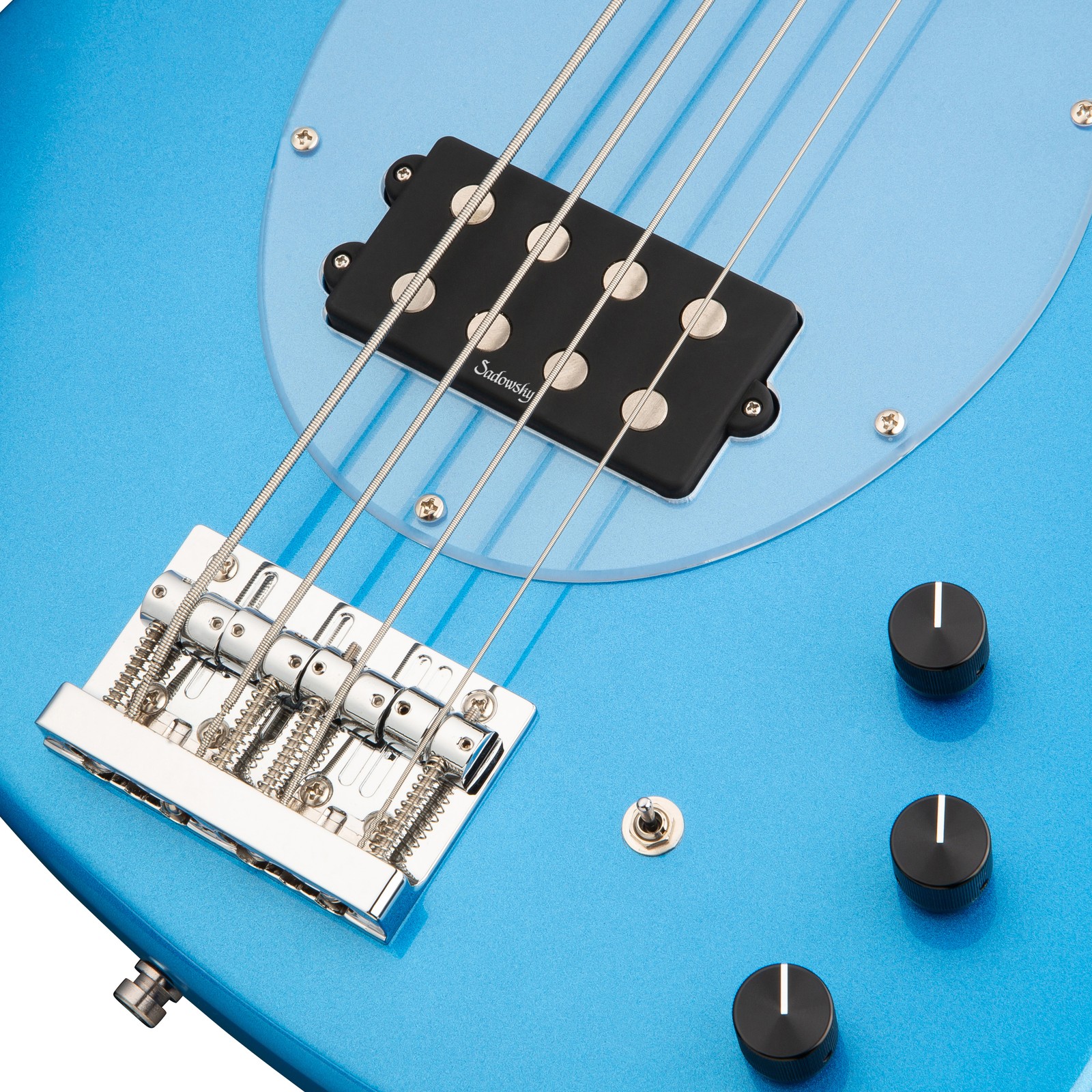 Humbucker and controls, Sadowsky MetroExpress 21 Vintage M4 Maple Blue, electric bass guitar