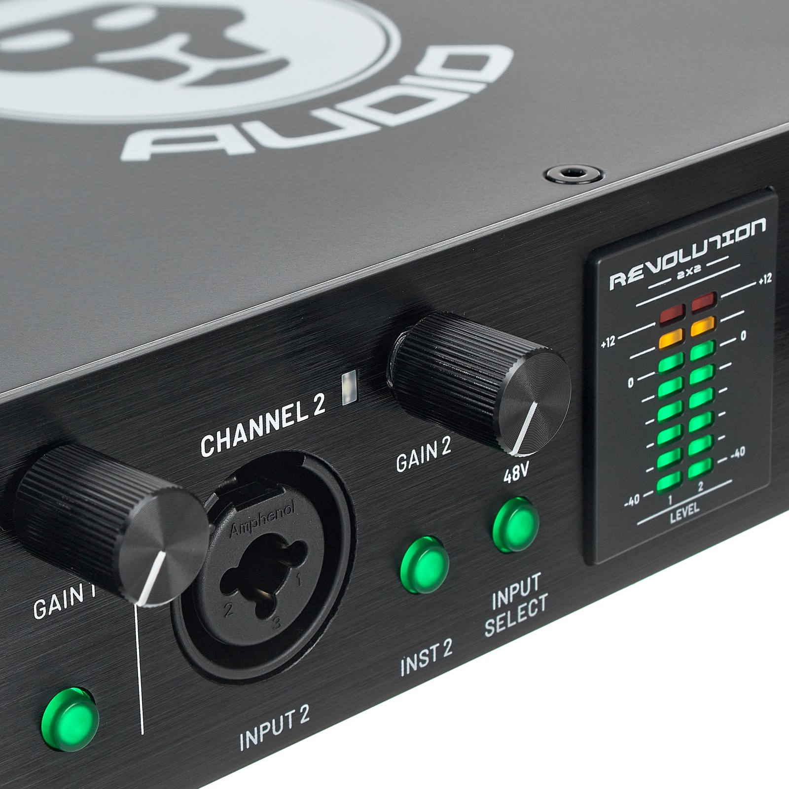 Closeup of the Black Lion Audio Revolution 2x2 USB2.0 Audio Interface