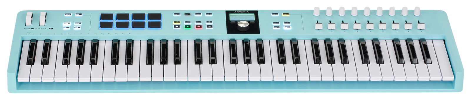 Frontansicht des Arturia KeyLab Essential 61 MK3 Aquamarine