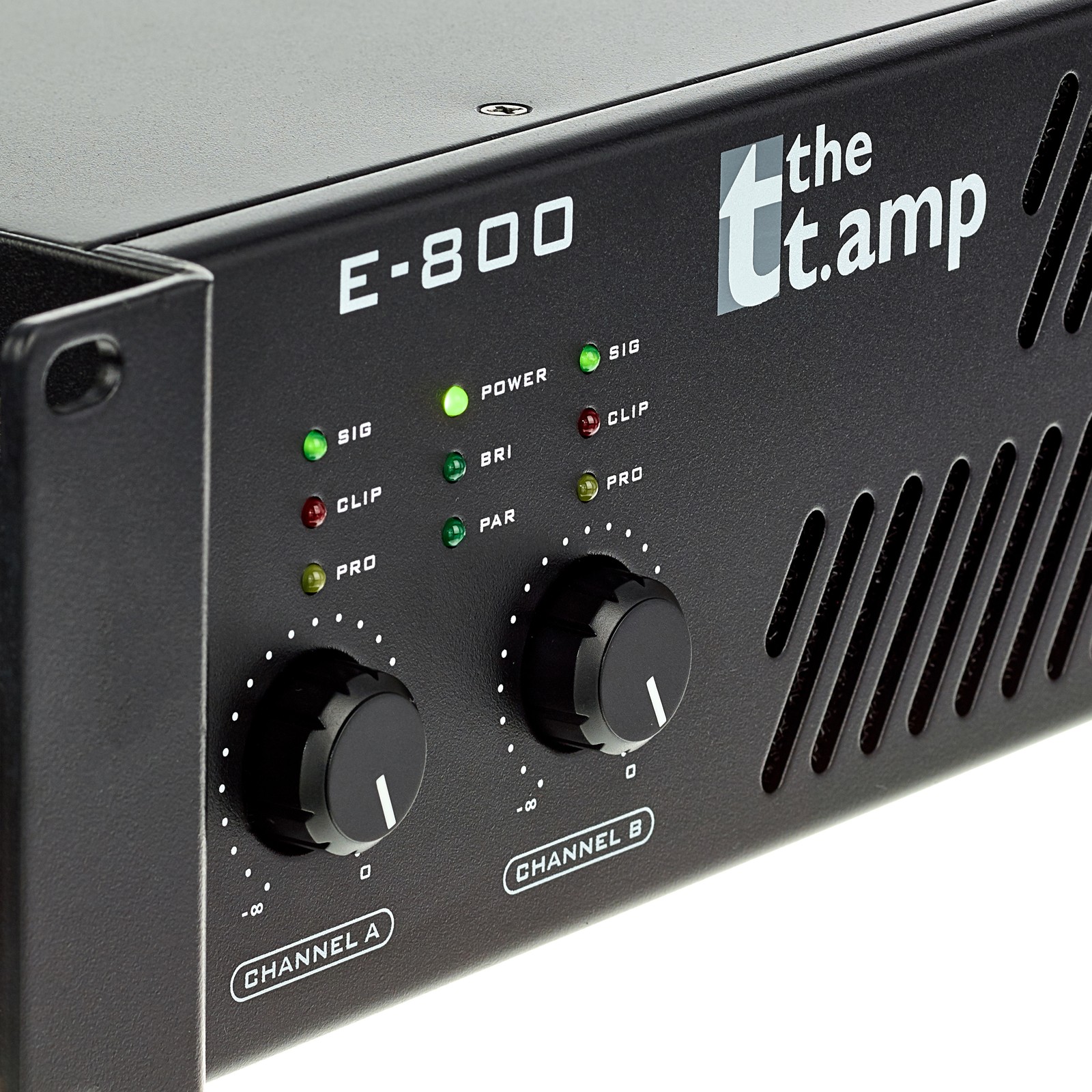 Closeup of the the t.amp E-800 Stereo Power Amplifier