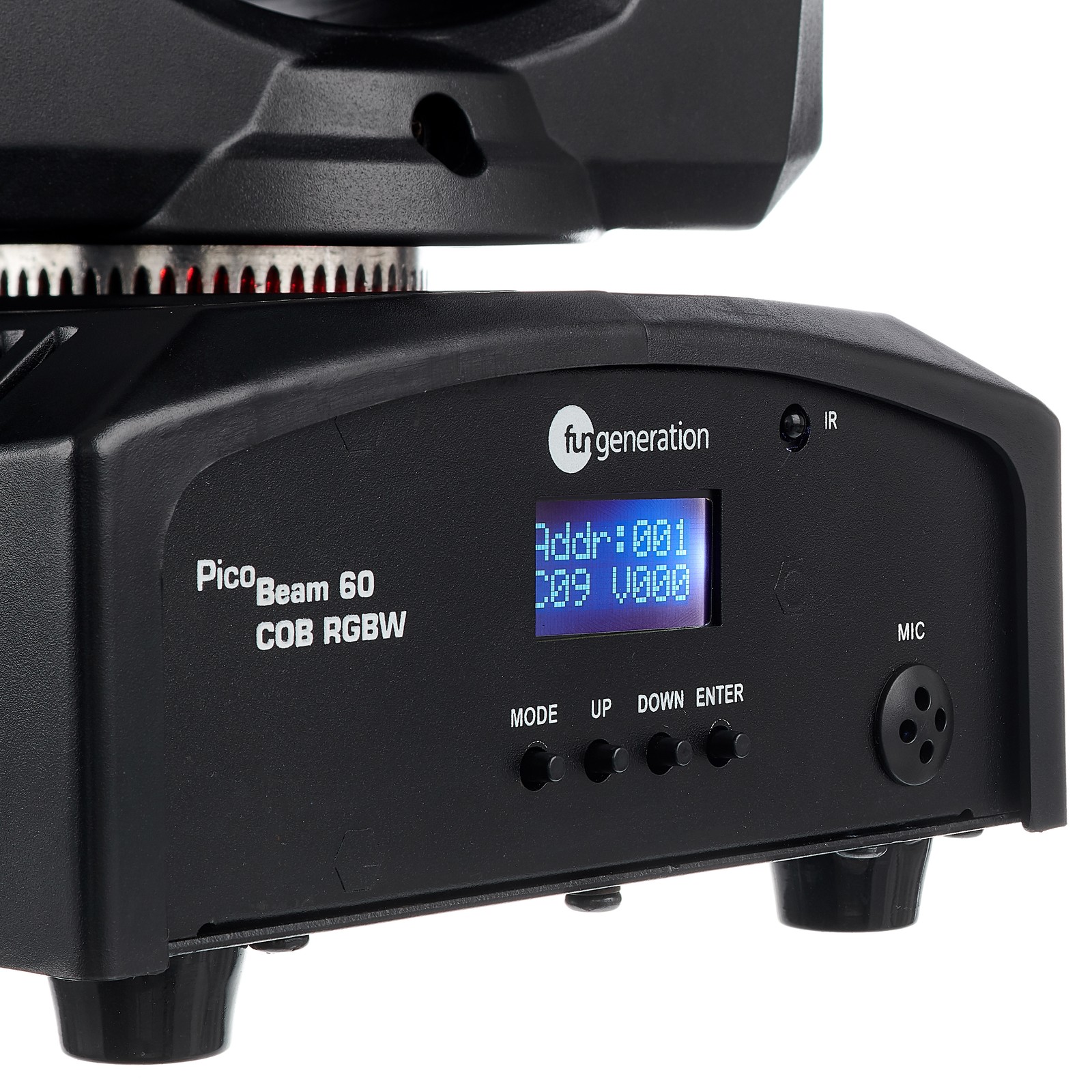 Display and controls on the Fun Generation PicoBeam 60 COB RGBW Beam Moving Head with RGBW COB