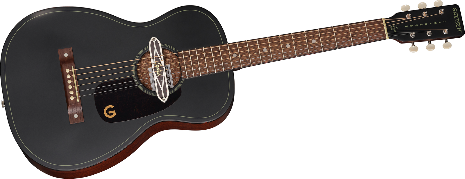 Frontansicht der schwarzen Westerngitarre Gretsch JD Parlor DELTO TSPG BLKT