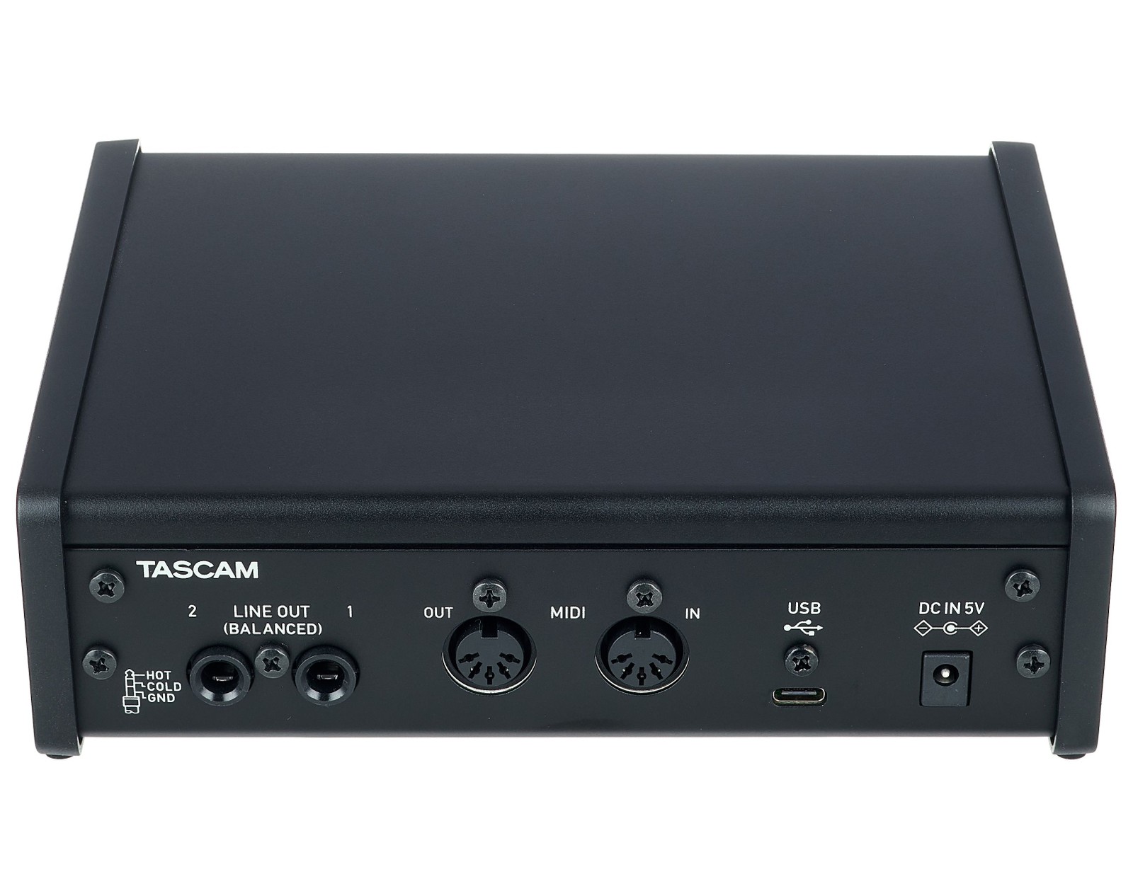 Anschlüsse an der Rückseite des Tascam US-2x2HR 2-Kanal USB 2.0 Audiointerface