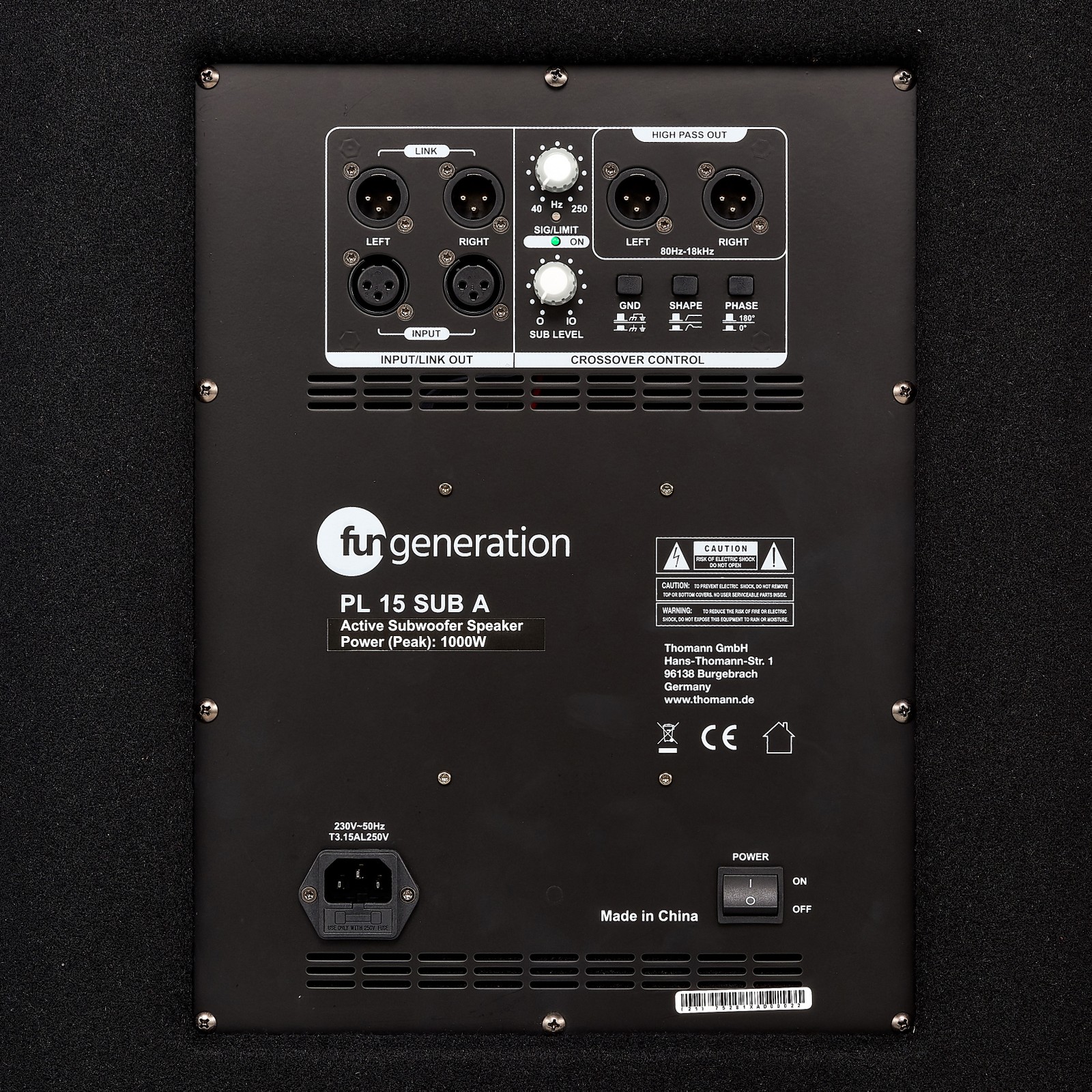 Arrière avec les connexions du caisson de basses Fun Generation PL 15 A