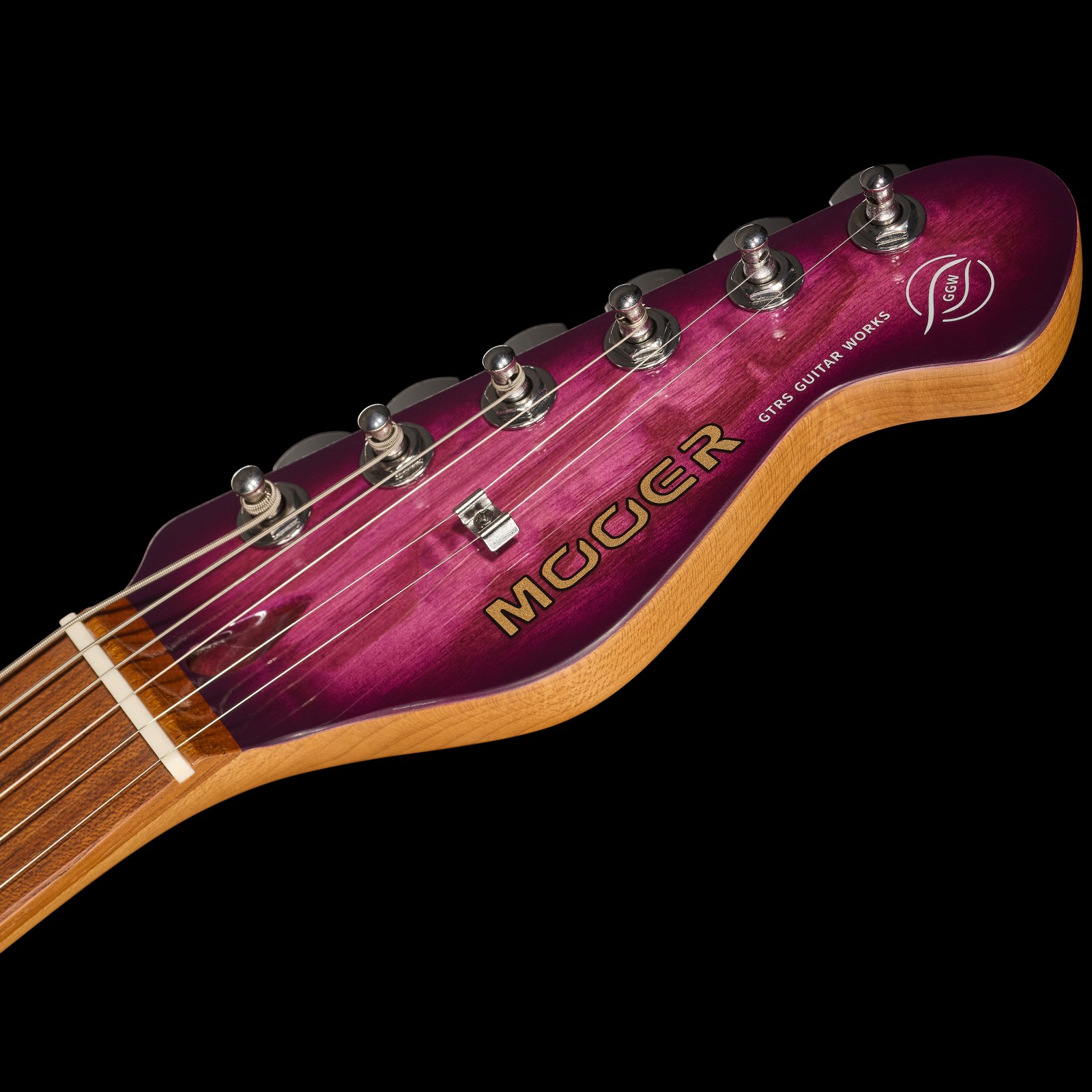 Headstock on the Mooer MSC20 Pro Guitar Prune Purple