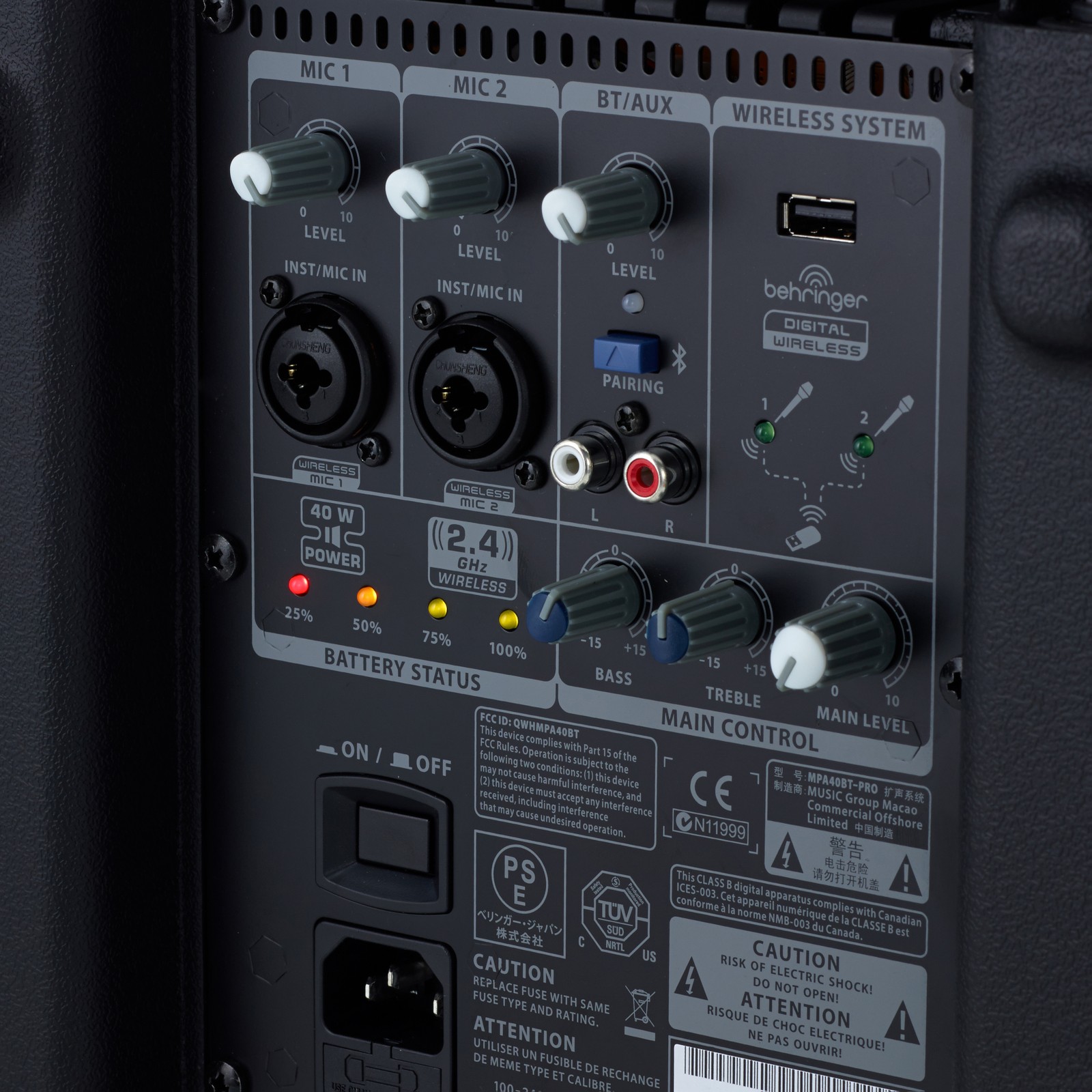 Bedienelemente des Behringer MPA40BT-Pro Akku-Lautsprechers