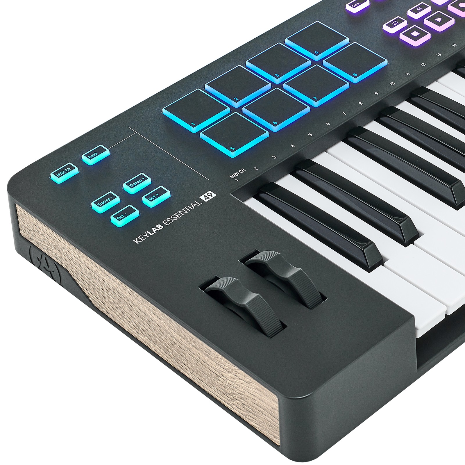 Keys, knobs, and faders on the Arturia KeyLab Essential 49 MK3 Black