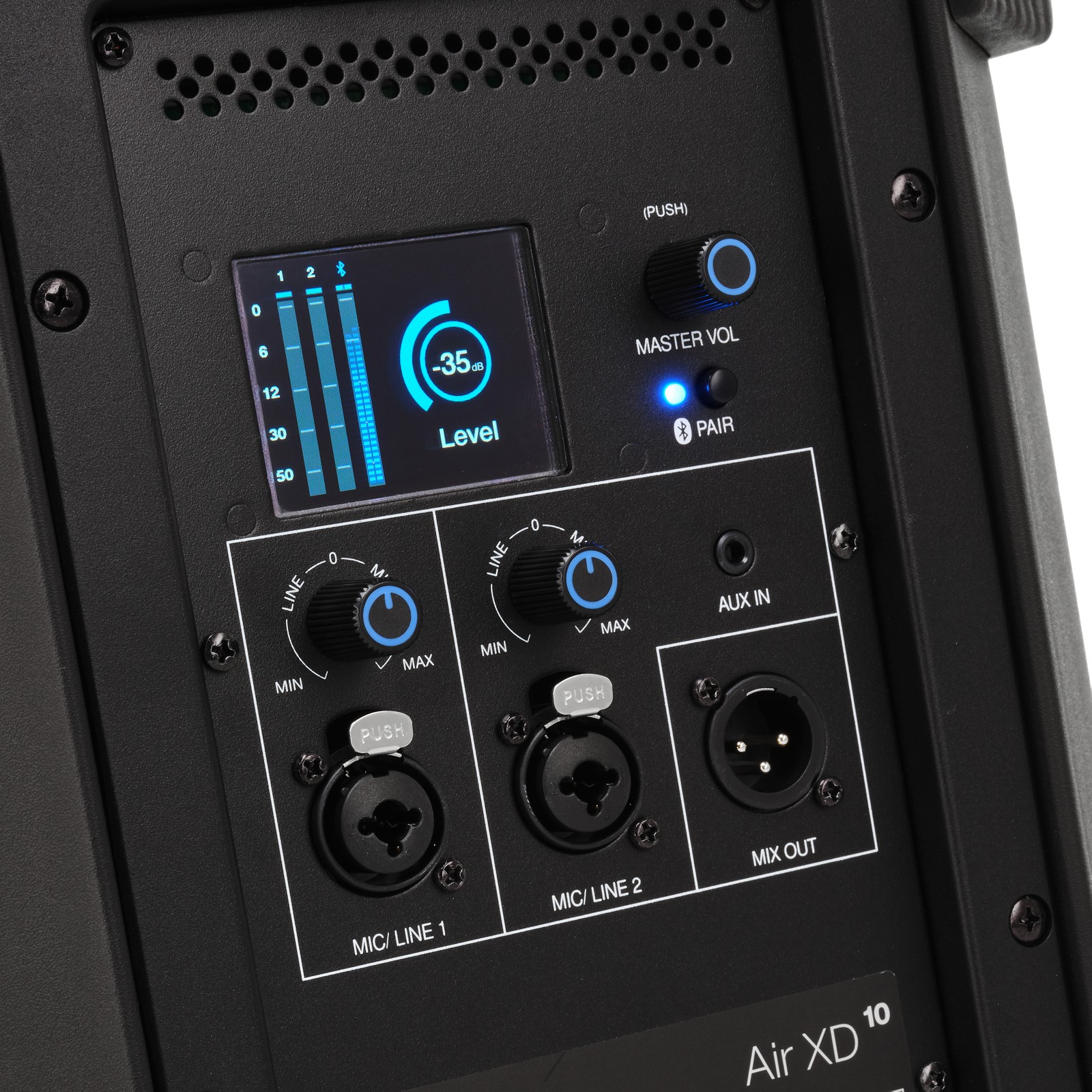 Rückseite des Presonus Air XD 10 mit Anschlüssen und Bedienelementen