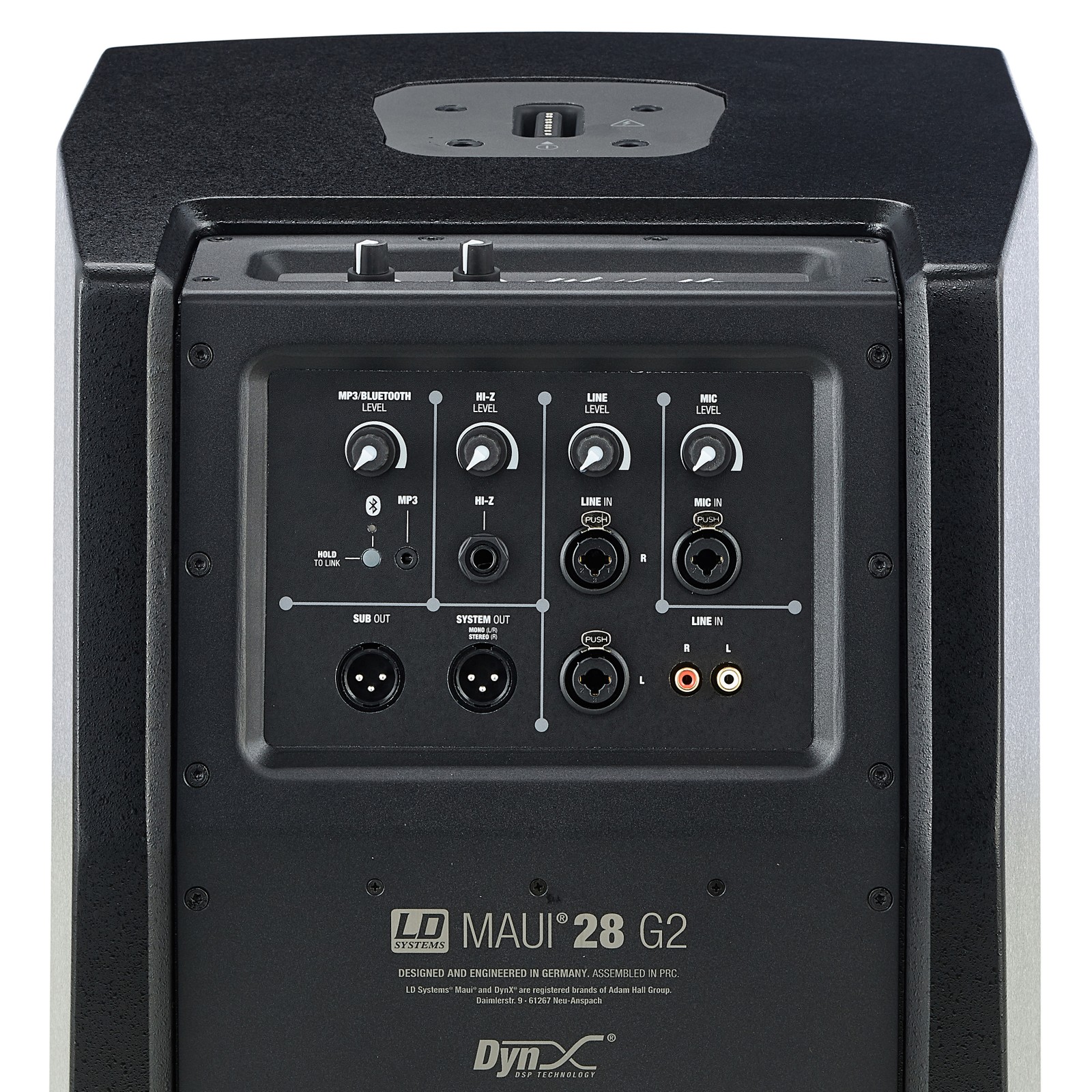 Controls and connections on the LD Systems Maui 28 G2 bass reflex subwoofer