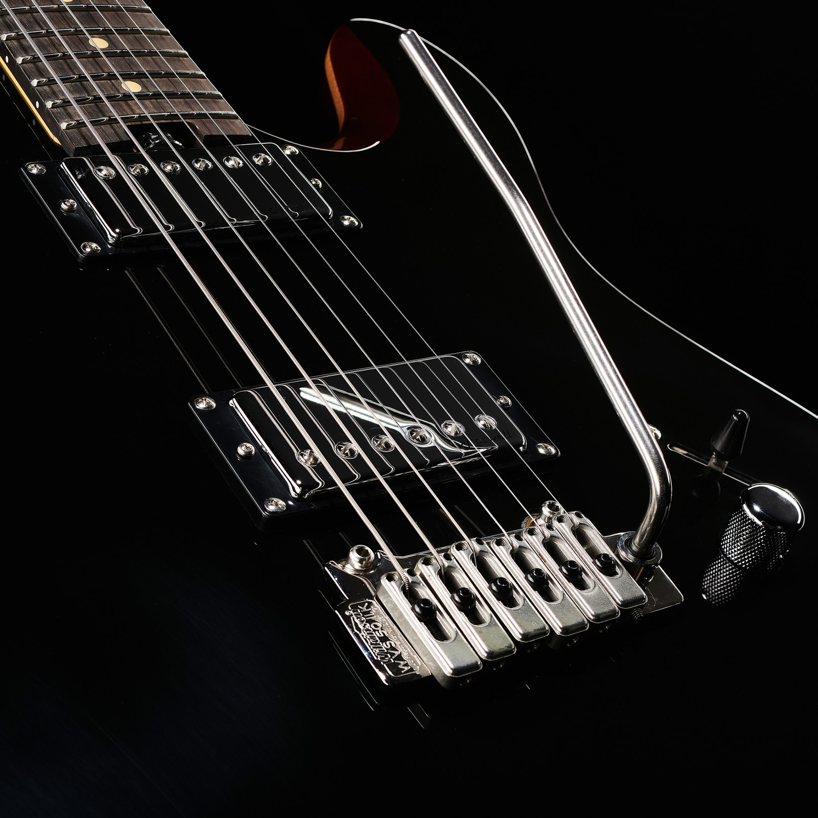 Top with nut and pickups on the Harley Benton Fusion-T HH EB BK guitar