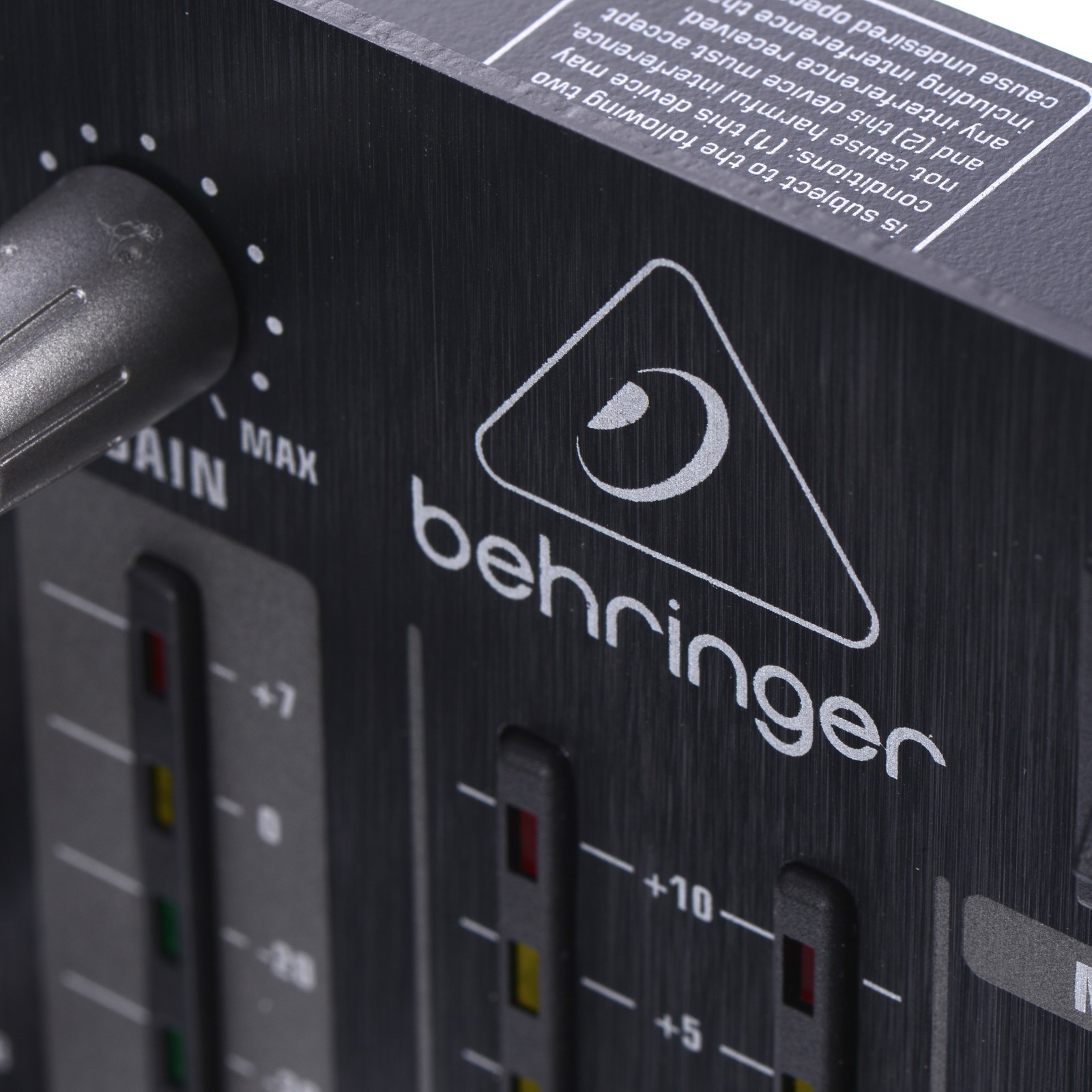 Closeup of the Behringer VMX1000 USB 7-Channel Ultra-low Noise DJ Mixer