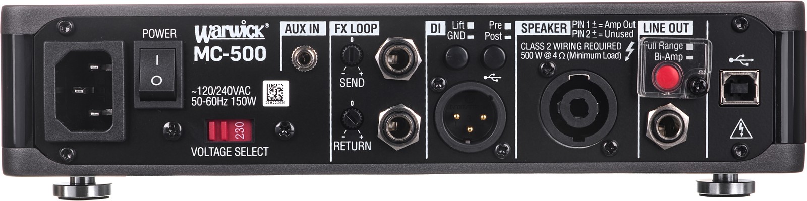 Rückseite mit Anschlüssen des Warwick Stage Series MC 500 Topteil für E-Bass