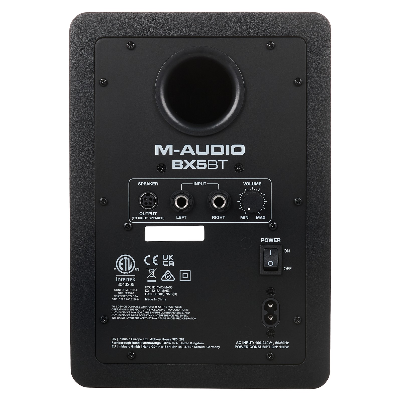 Rückseite des M-Audio BX5BT Studiomonitors mit Anschlüssen