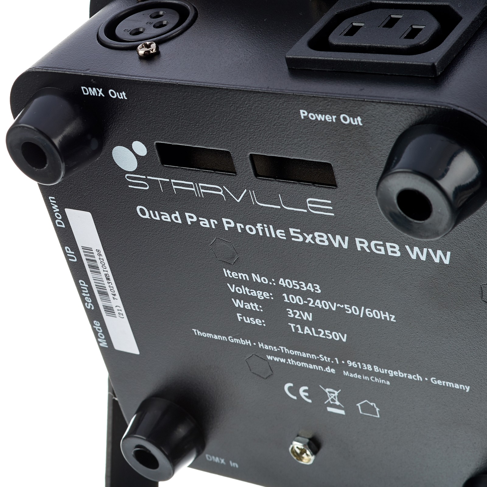 Rückseite mit Anschlüssen des Stairville Quad Par Profile 5x8W RGB WW