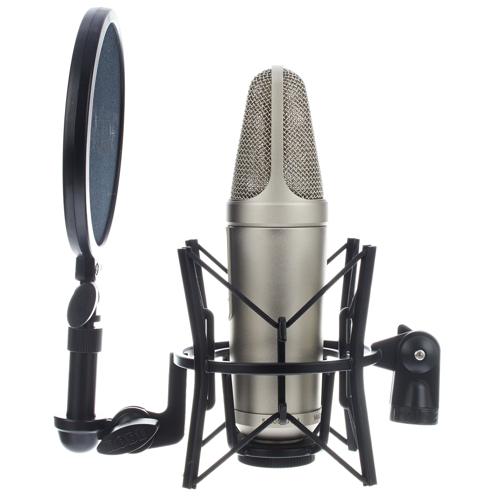 Rode NT-2A condenser mic, side view in mount with pop shield