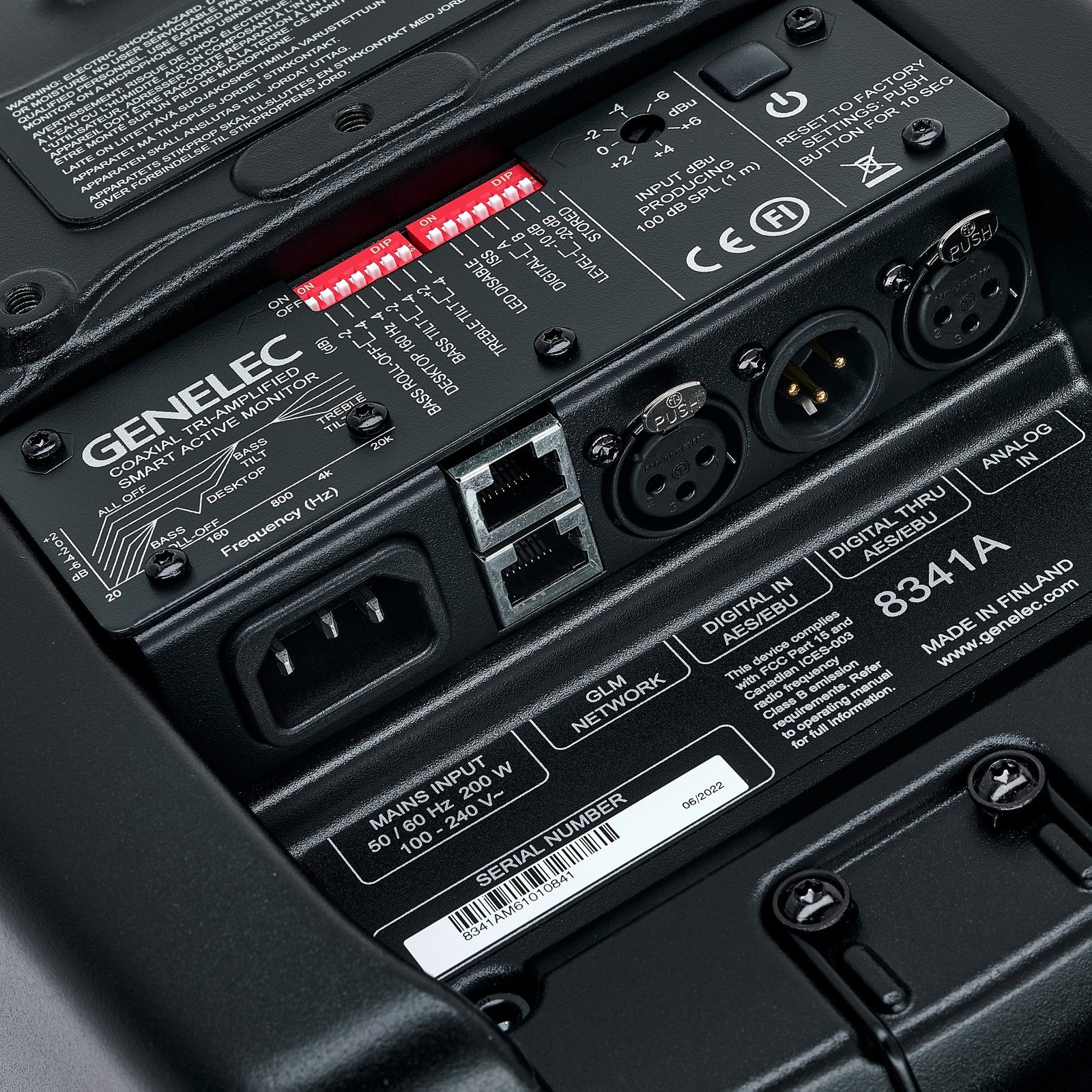 Back of the Genelec 8341 AM, complete with connections