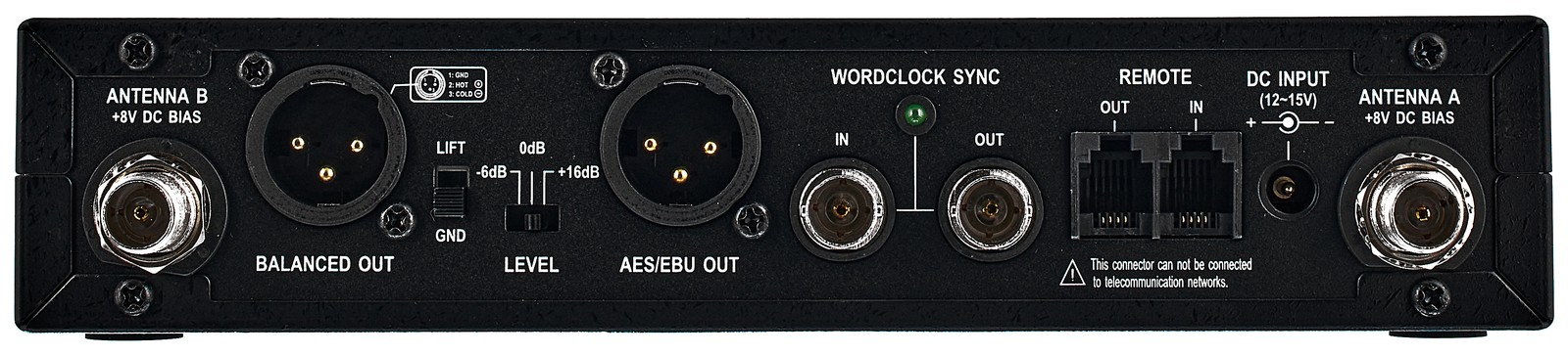 Rear view, Mipro ACT-818 5UA, digital UHF single-channel receiver