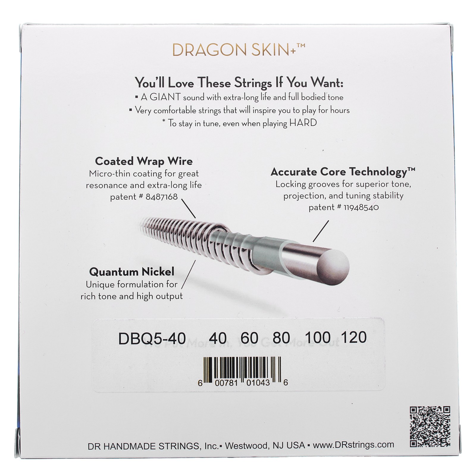 DR Strings Dragon Skin+ DBQ5-40 Coated, Verpackung Rückseite