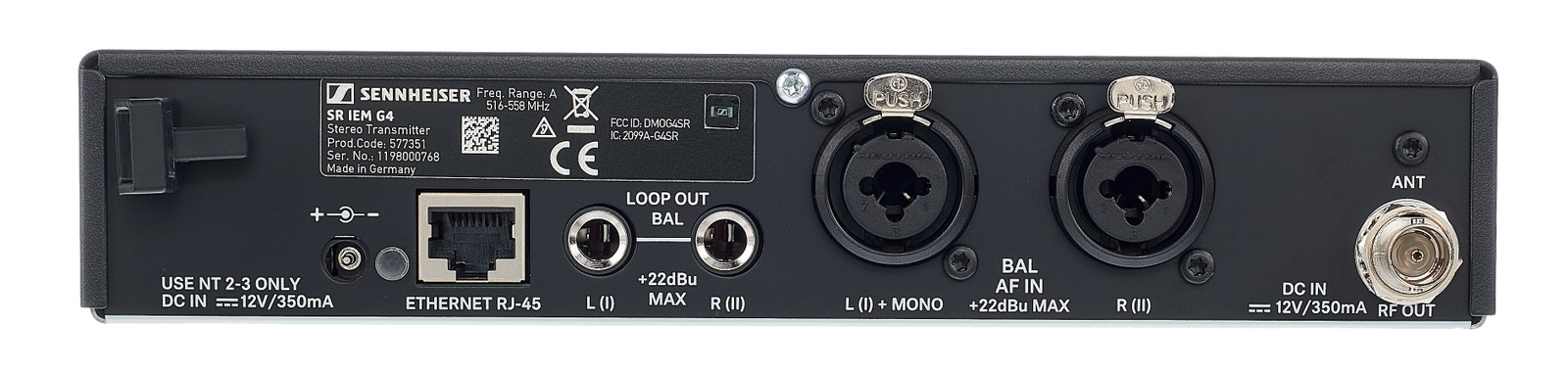 Rear view with sockets, Sennheiser SR IEM G4 transmitter