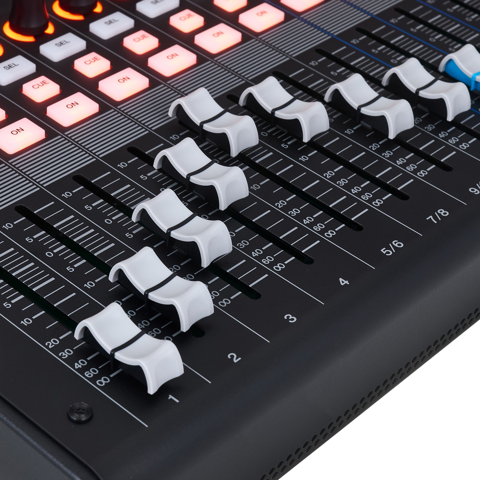 Faders on the Yamaha MGX12 Black, digital mixer