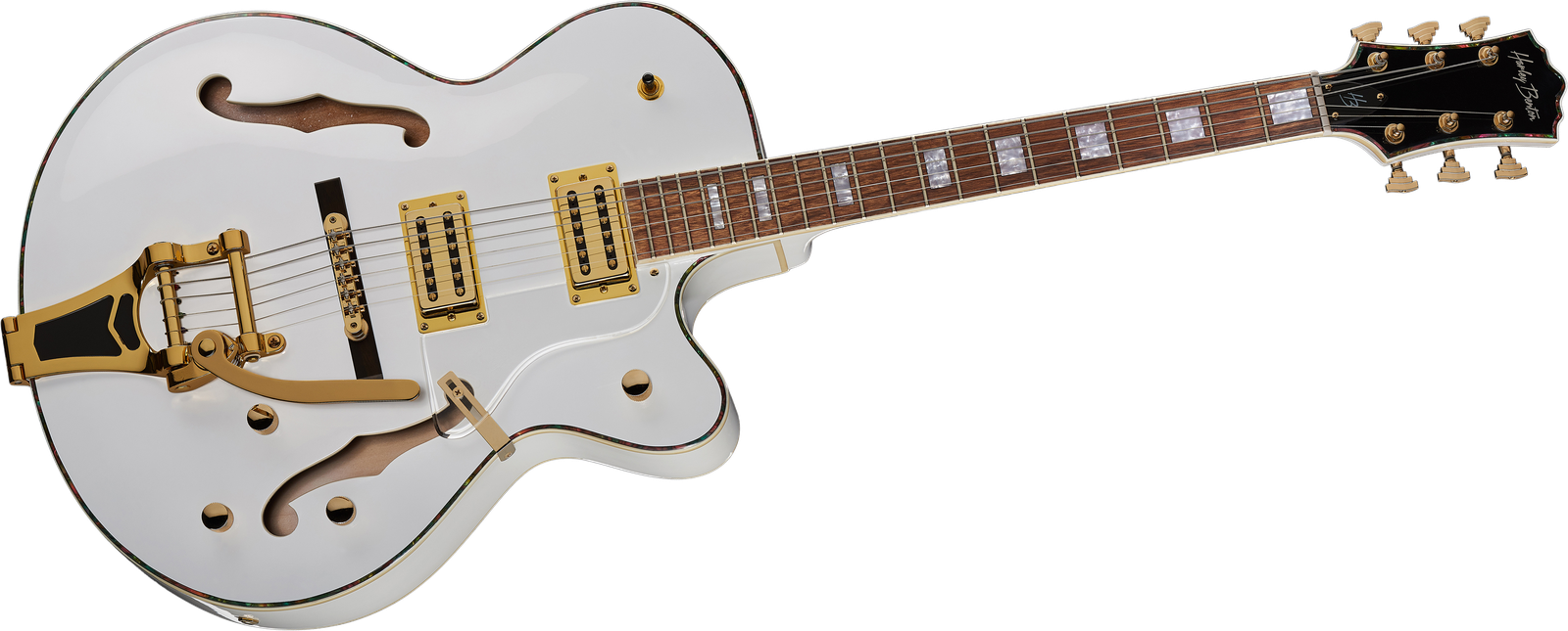 Harley Benton BigTone White Vintage Series semi-acoustic electric guitar, front view