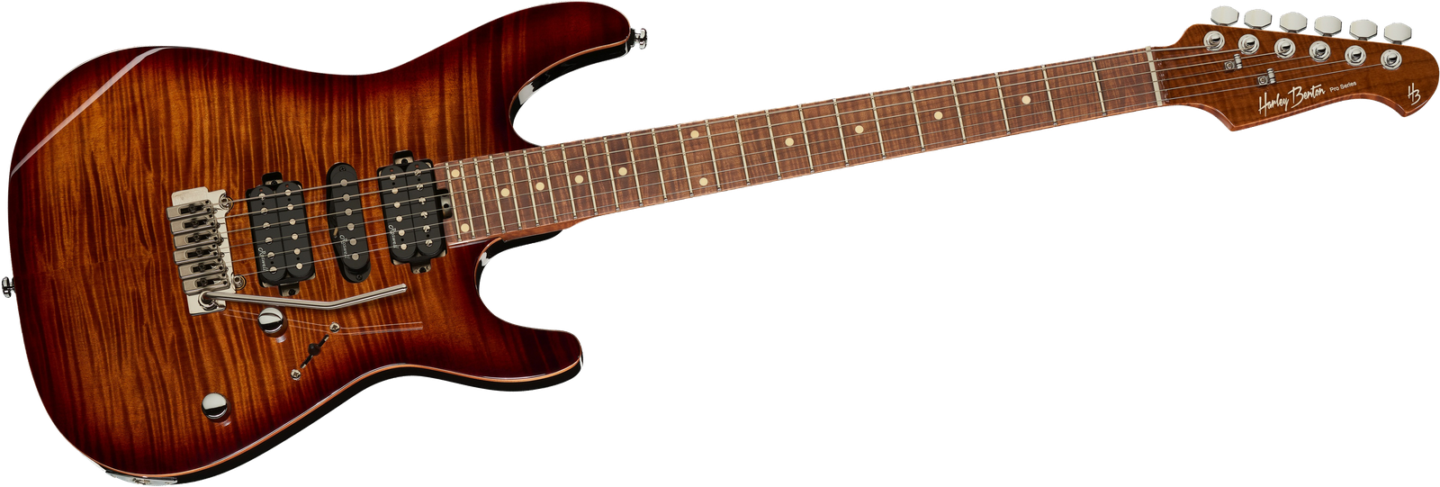 front of the electric guitar Harley Benton Fusion-III HSH Roasted FBB