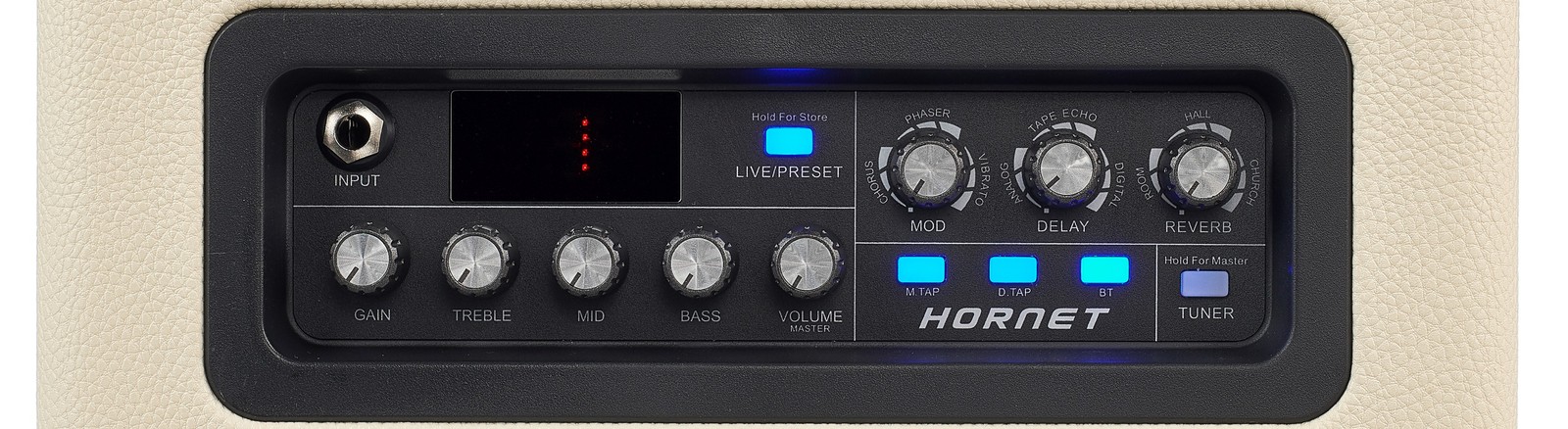 Control panel of the Mooer Hornet modelling combo with Bluetooth for electric guitar