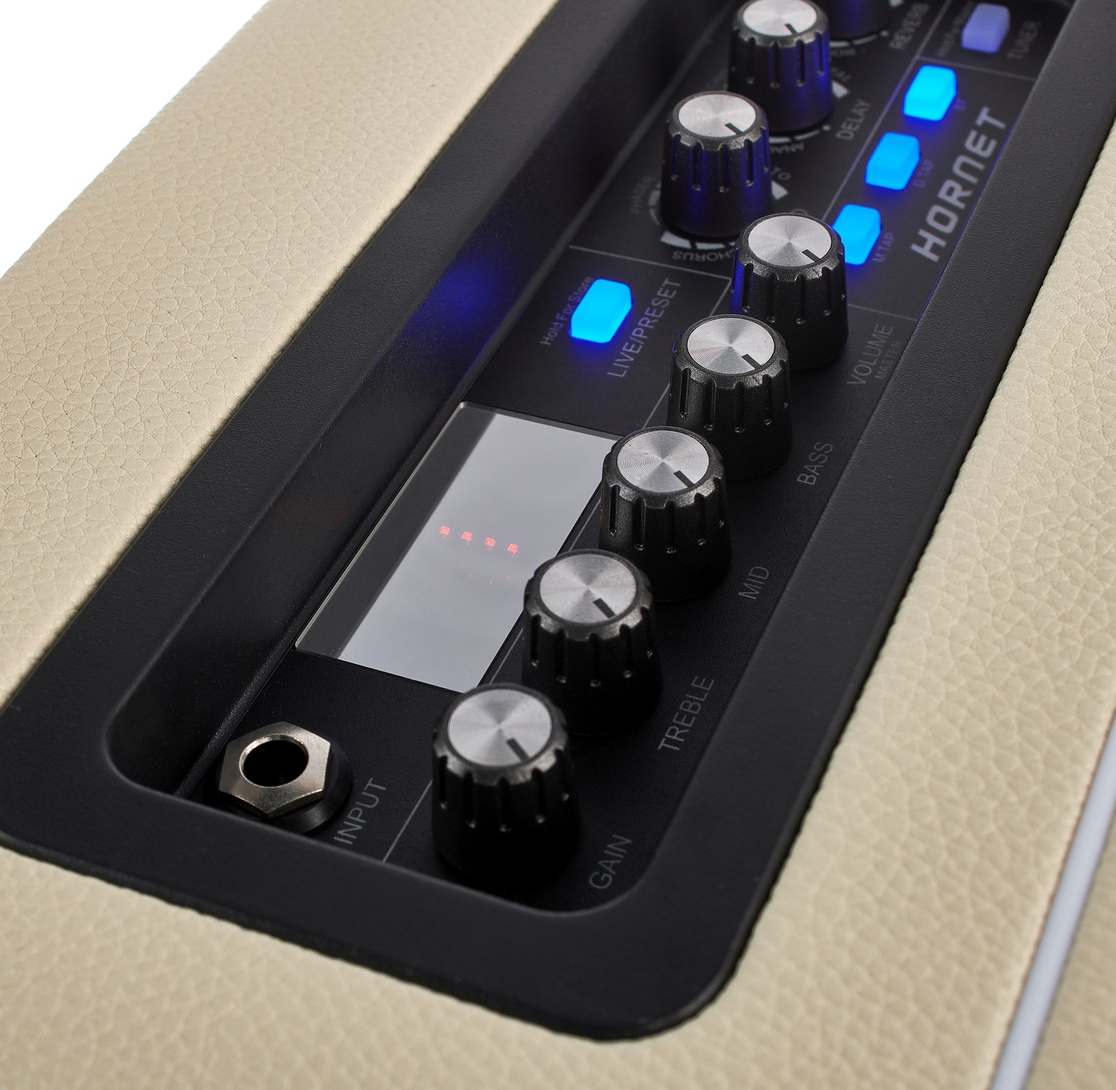 Control panel of the Mooer Hornet Modeling Combo with Bluetooth for electric guitar