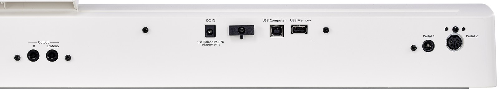 Rechte Seite des Roland FP-30X WH von hinten mit allen Anschlüssen