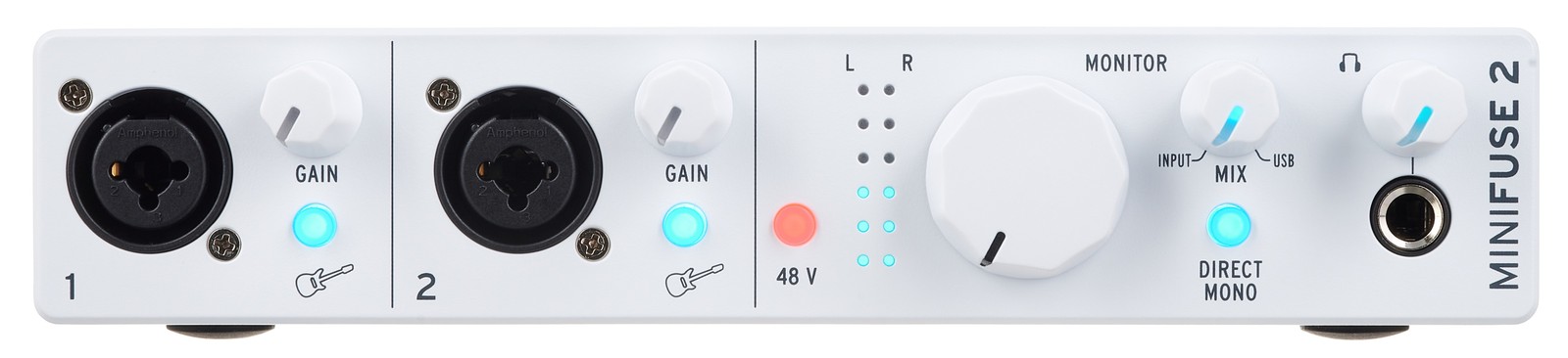 Front view of the Arturia MiniFuse 2 White 2-Channel USB2.0 Audio Interface with USB-C Connection