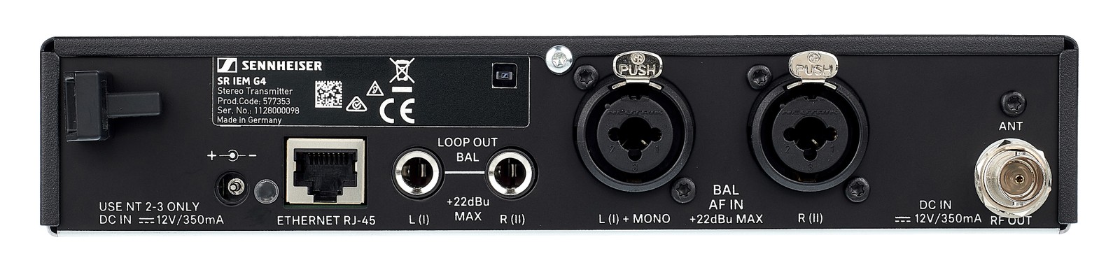 Rear view connections of 9.5" transmitter (SR IEM G4)