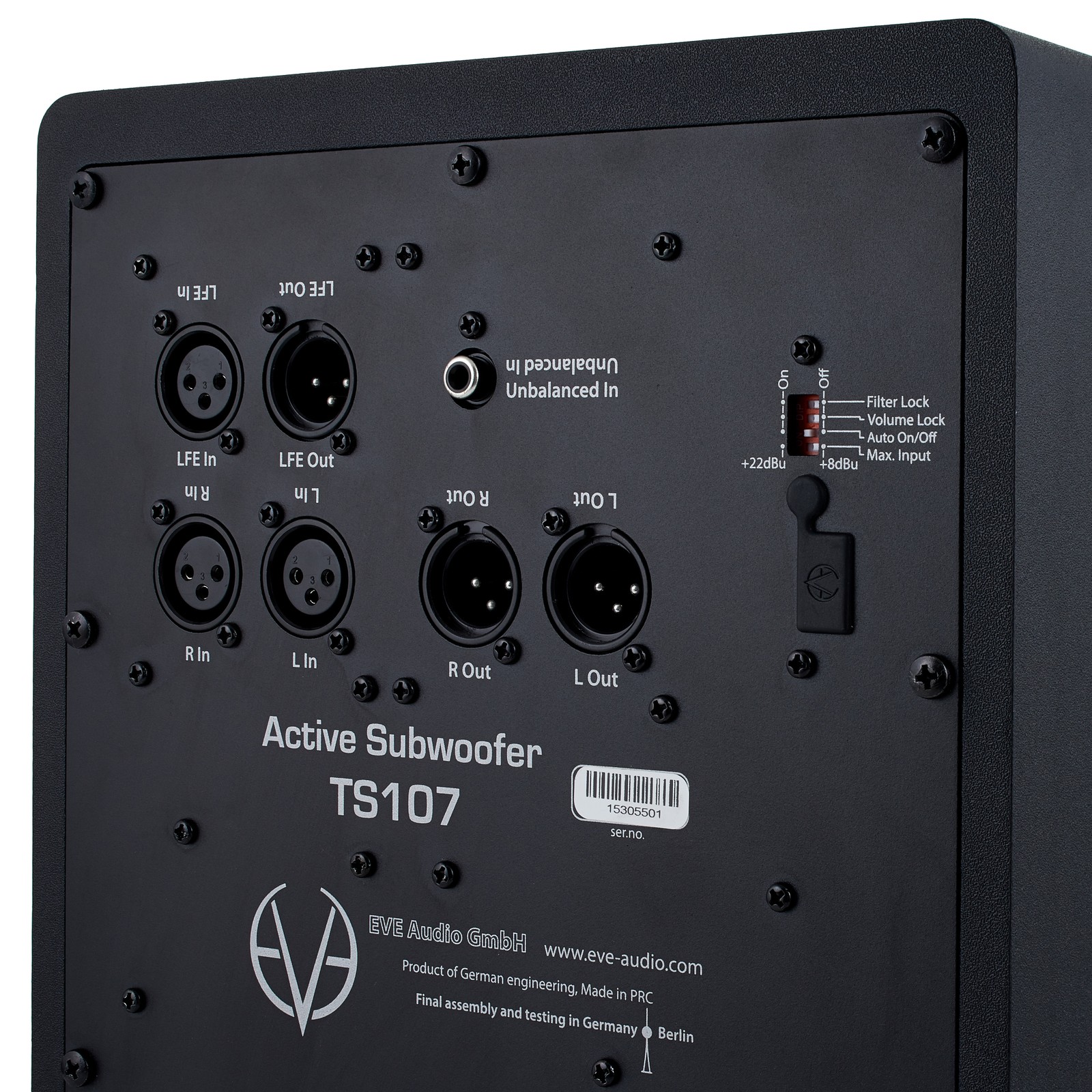 Rückseite mit Anschlüssen des aktiven EVE audio SC205 2-Wege Studiomonitor