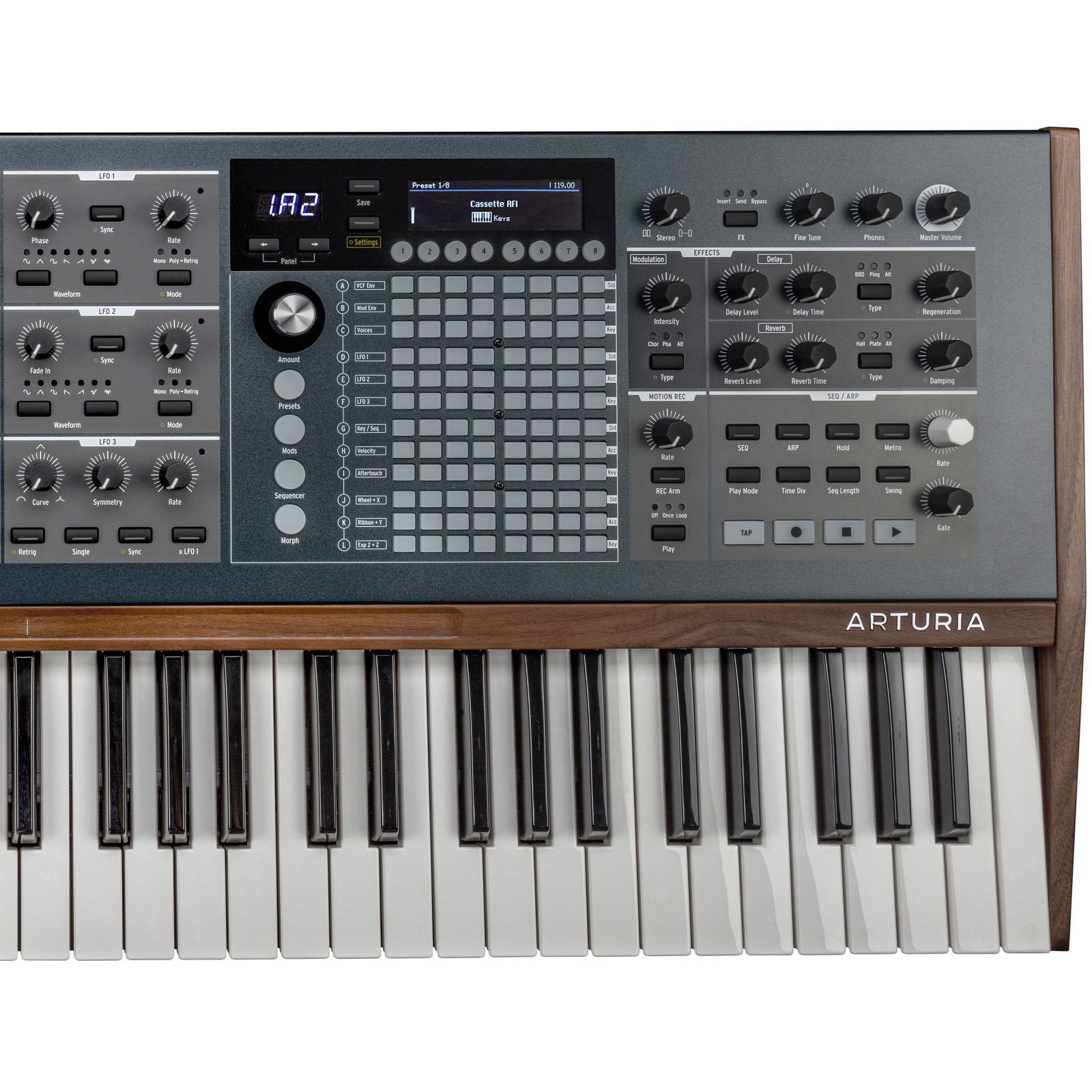 Controls and buttons on the Arturia PolyBrute, analogue synthesizer