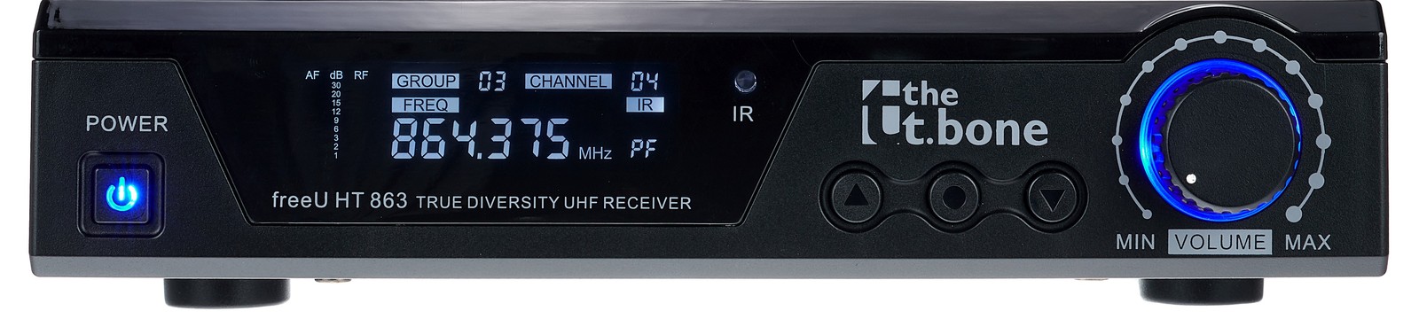 Eingeschalteter Empfänger des the t.bone freeU HT 863 als Frontalansicht