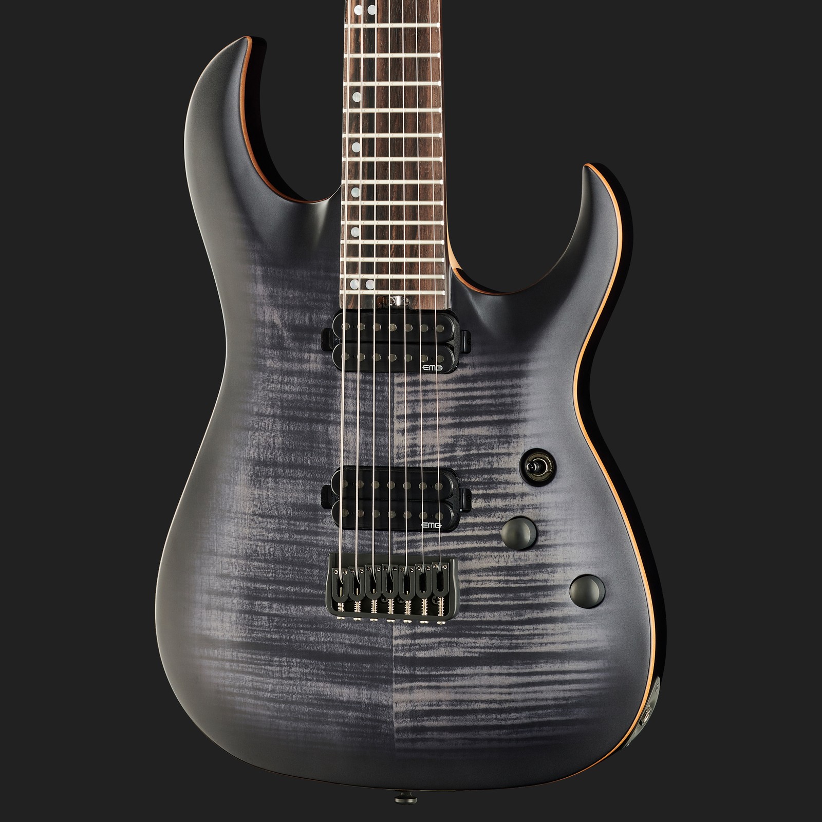 Harley Benton Amarok-7 BKNT Flame Burst mit EMG Humbucker Pickups auf der Riegelahorn Decke