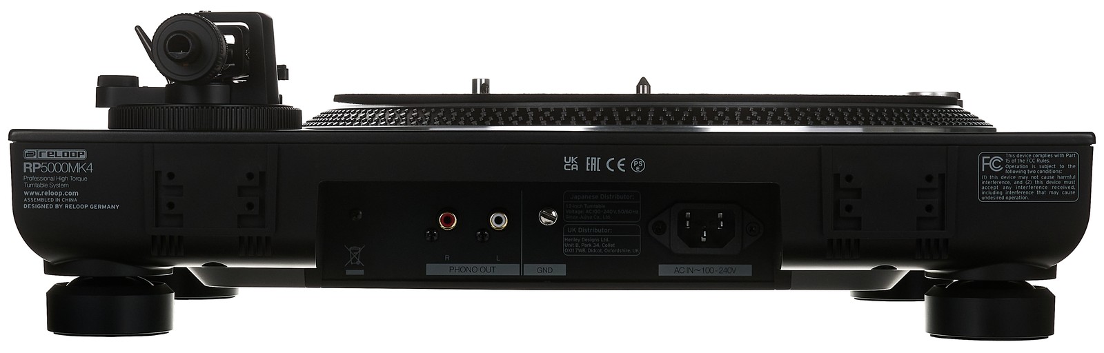 Reloop RP 5000 MK4 DJ turntable, rear view of inputs and outputs