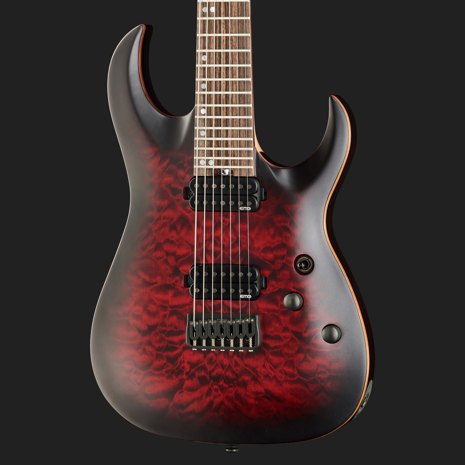Korpus der Harley Benton Amarok-7 BKRD Quilted Burst mit Humbucker Pickups